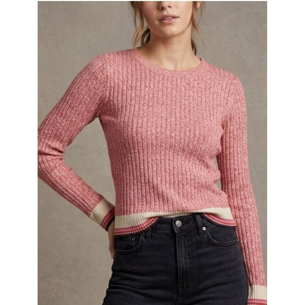 PRINCE & FOX Ribbed Knit Long Sleeve Sweater Pink Marl Striped Trim Size XS/TP